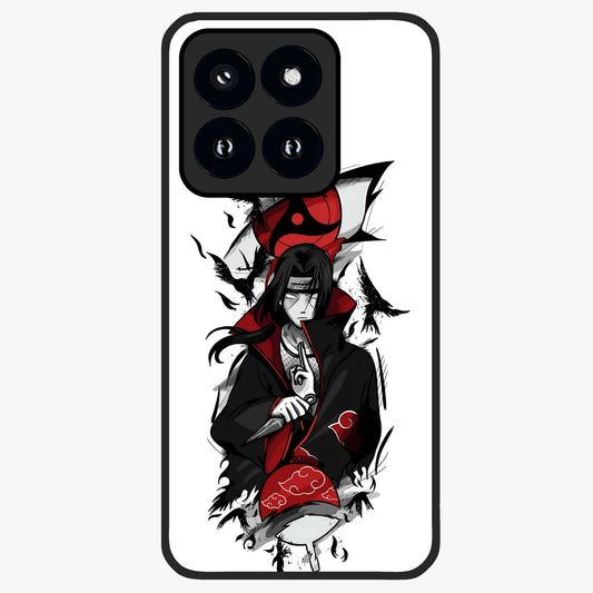 Itachi Sharingan Glass Case showing flat back view with powerful anime eye artwork and glossy glass finish.
