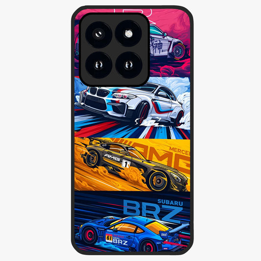 JDM Sports Car Glass Case showing flat back view with high performance sports car artwork and glossy glass finish.