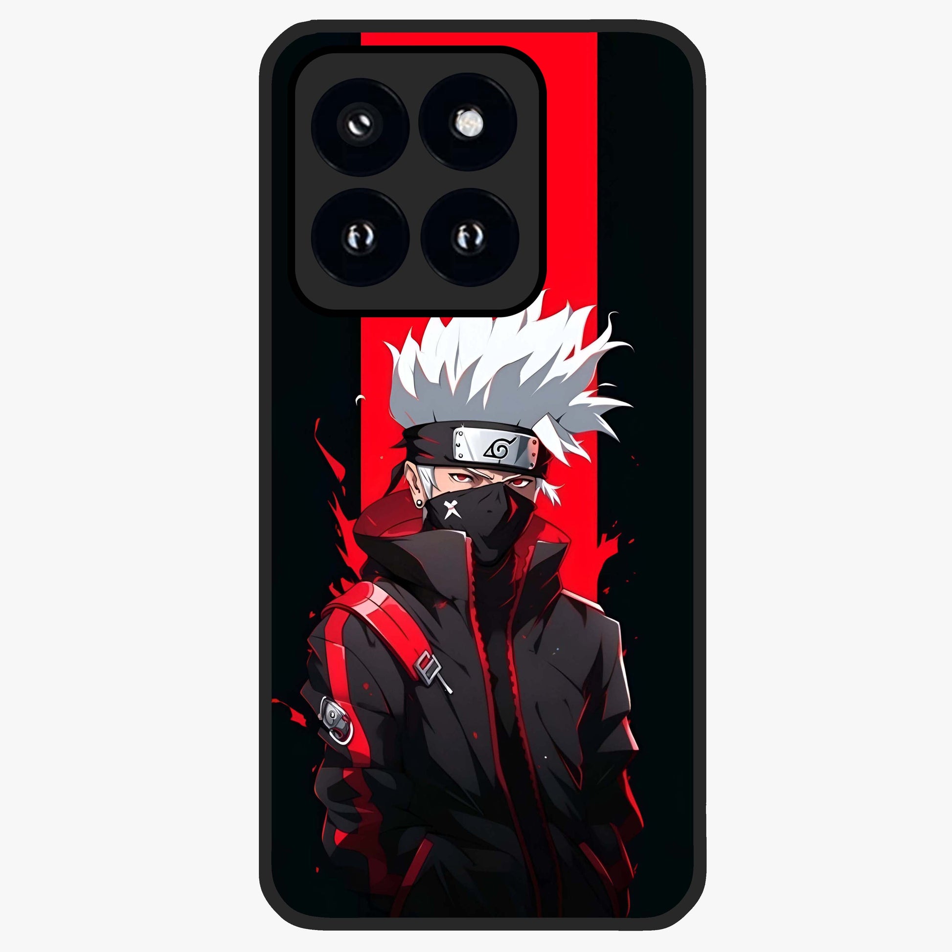 Kakashi Scarlet Shadow Glass Case showing flat back view with powerful anime ninja artwork and glossy glass finish.