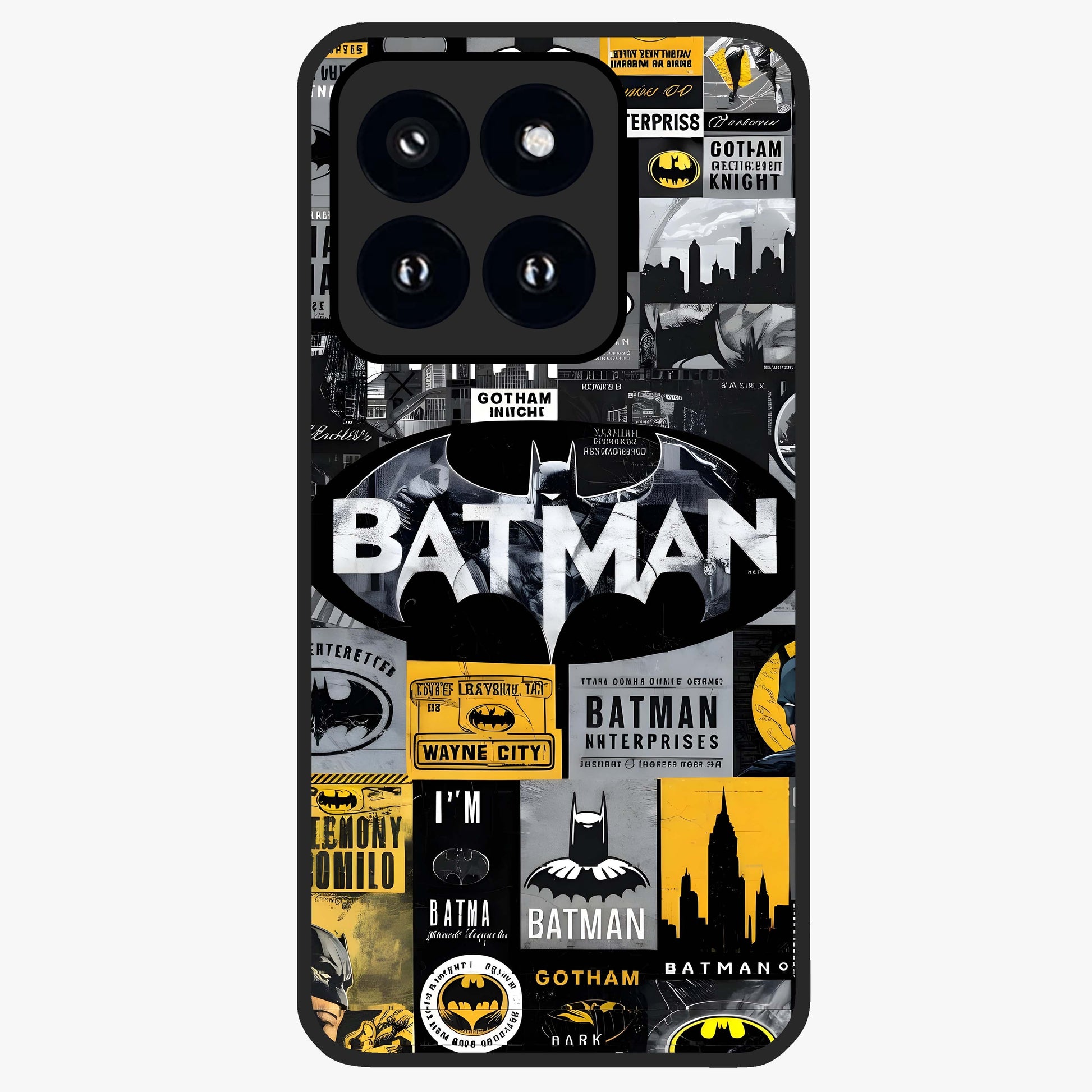 Knight Gotham Rise Glass Case showing flat back view with dark hero inspired artwork and glossy glass finish.