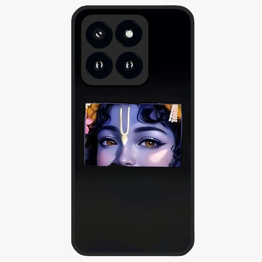 Krishna Divine Embrace Glass Case showing flat back view with Lord Krishna devotional artwork and glossy glass finish.