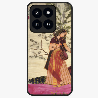 Lady With Veena Art Glass Case showing flat back view with elegant woman playing veena artwork and glossy glass finish.