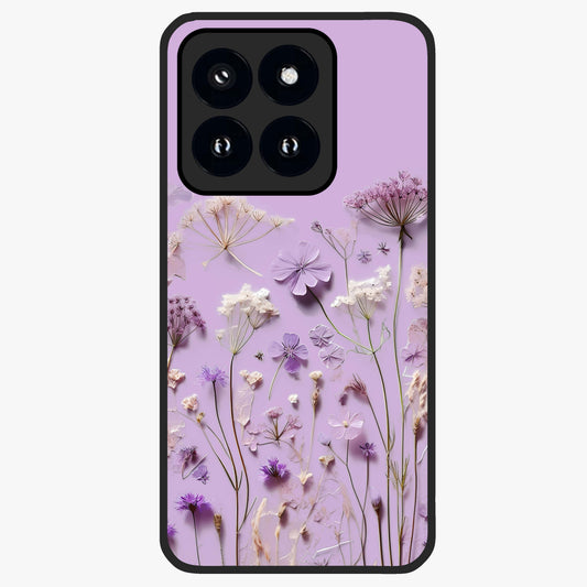 Lavender Blossom Dream Glass Case showing flat back view with soft lavender floral artwork and glossy glass finish.