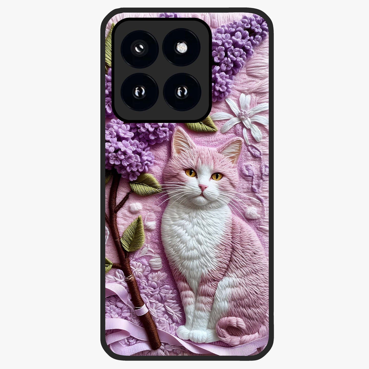 Lavender Cat Whimsy Glass Case showing flat back view with cute lavender cat artwork and glossy glass finish.