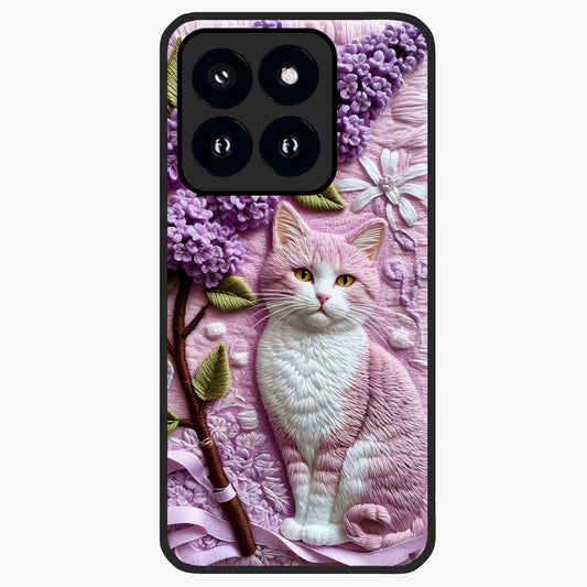 Lavender Cat Whimsy Glass Case showing flat back view with cute lavender cat artwork and glossy glass finish.