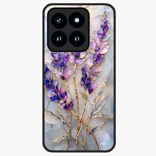Lavender Dream Glow Glass Case showing flat back view with glowing lavender aesthetic artwork and glossy glass finish.