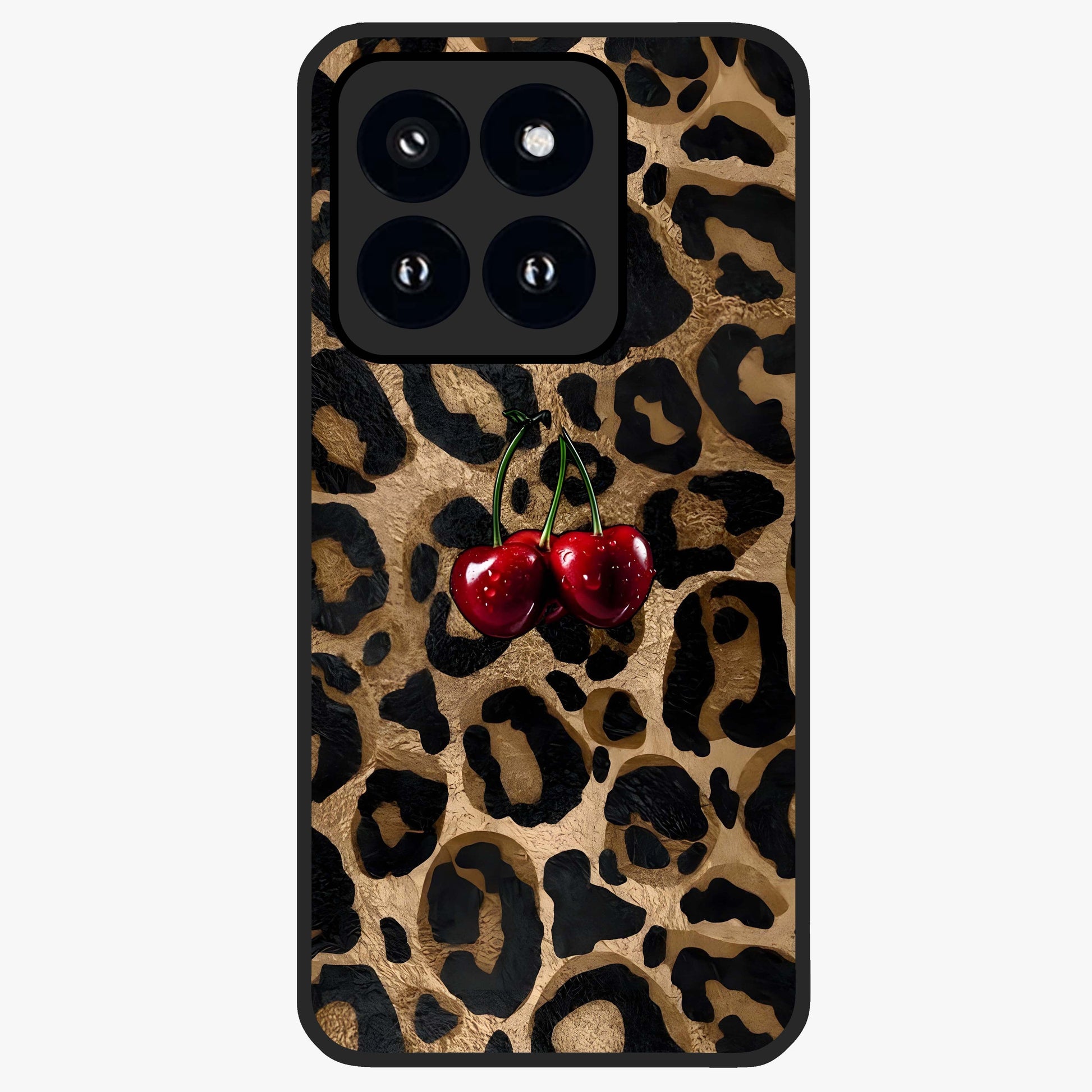 Leopard Wild Cherry Glass Case showing flat back view with leopard pattern and cherry artwork and glossy glass finish.