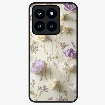 Lilac Breeze Harmony Glass Case showing flat back view with soft lilac themed artwork and glossy glass finish.