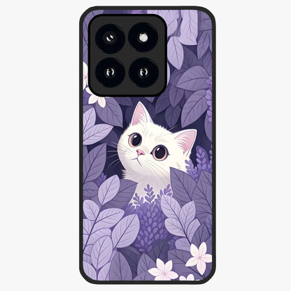 Lilac Hide Peek Cat Glass Case showing flat back view with cute peeking cat artwork and glossy glass finish.