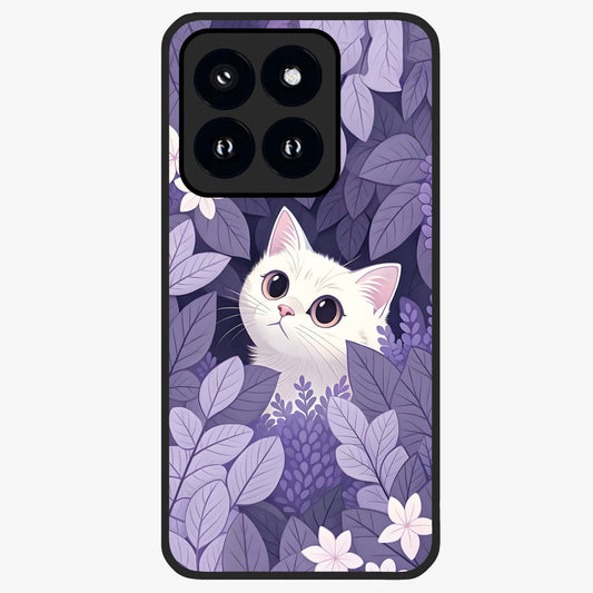 Lilac Hide Peek Cat Glass Case showing flat back view with cute peeking cat artwork and glossy glass finish.