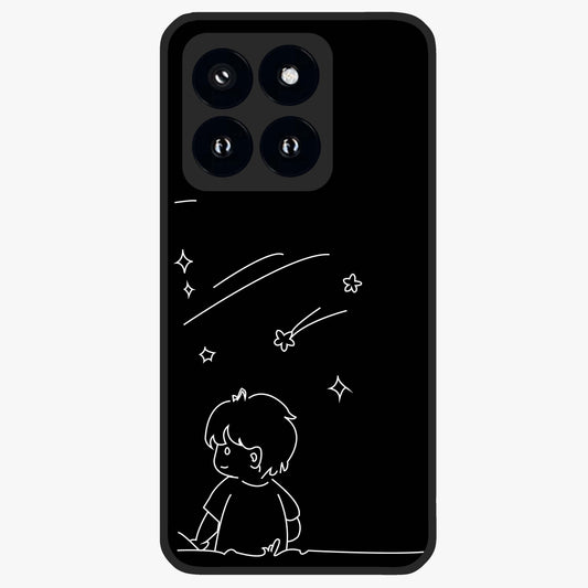 Line Art Boy With Shooting Stars Glass Case showing flat back view with minimal line art boy and shooting stars illustration and glossy glass finish.