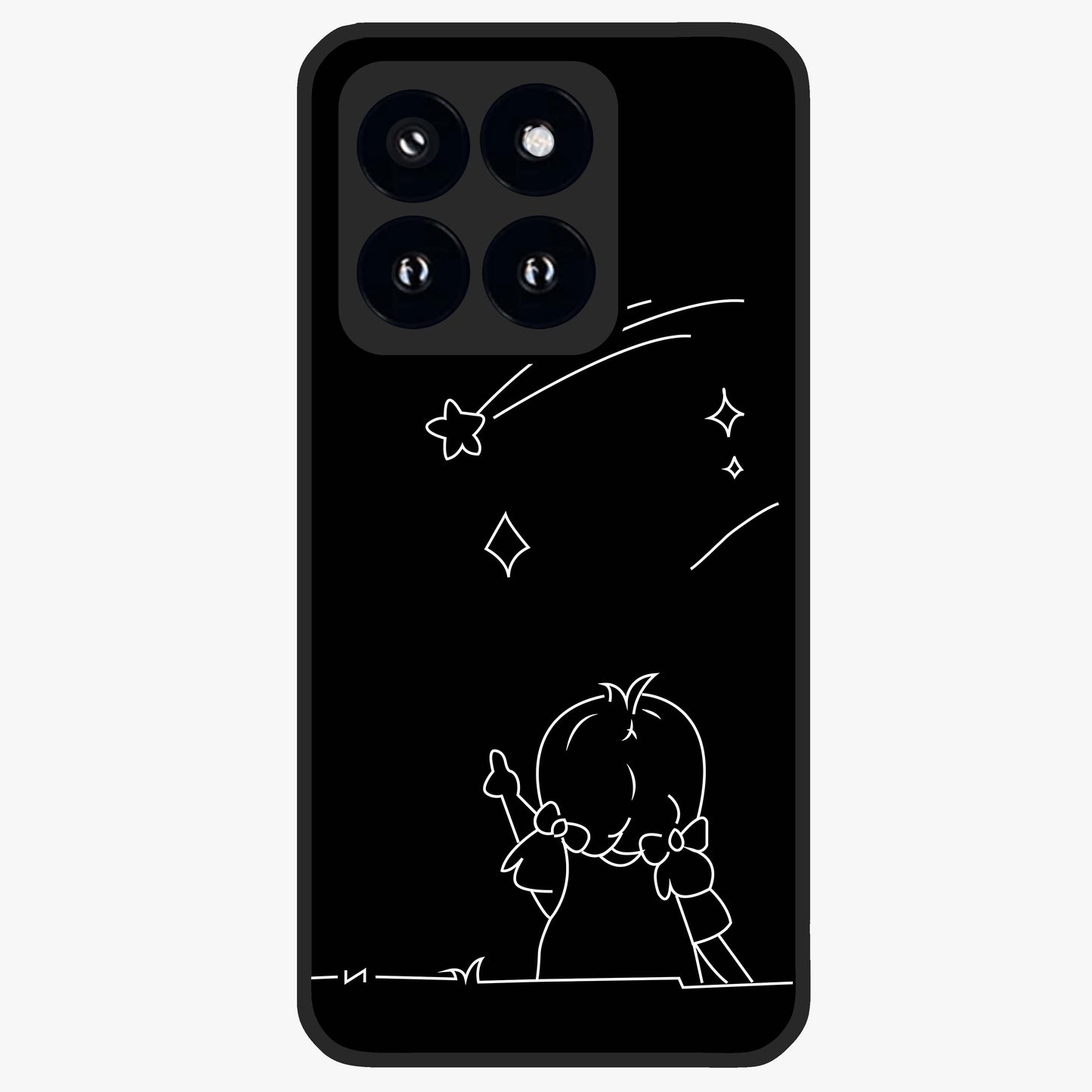 Line Art Girl With Shooting Stars Glass Case showing flat back view with minimal line art girl and shooting stars illustration and glossy glass finish.
