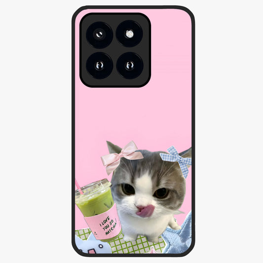 Love Matcha Cat Glass Case showing flat back view with cute cat and matcha themed artwork and glossy glass finish.