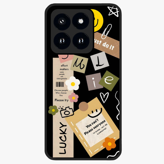 Lucky Aesthetic Collage Glass Case showing flat back view with trendy aesthetic collage artwork and glossy glass finish.