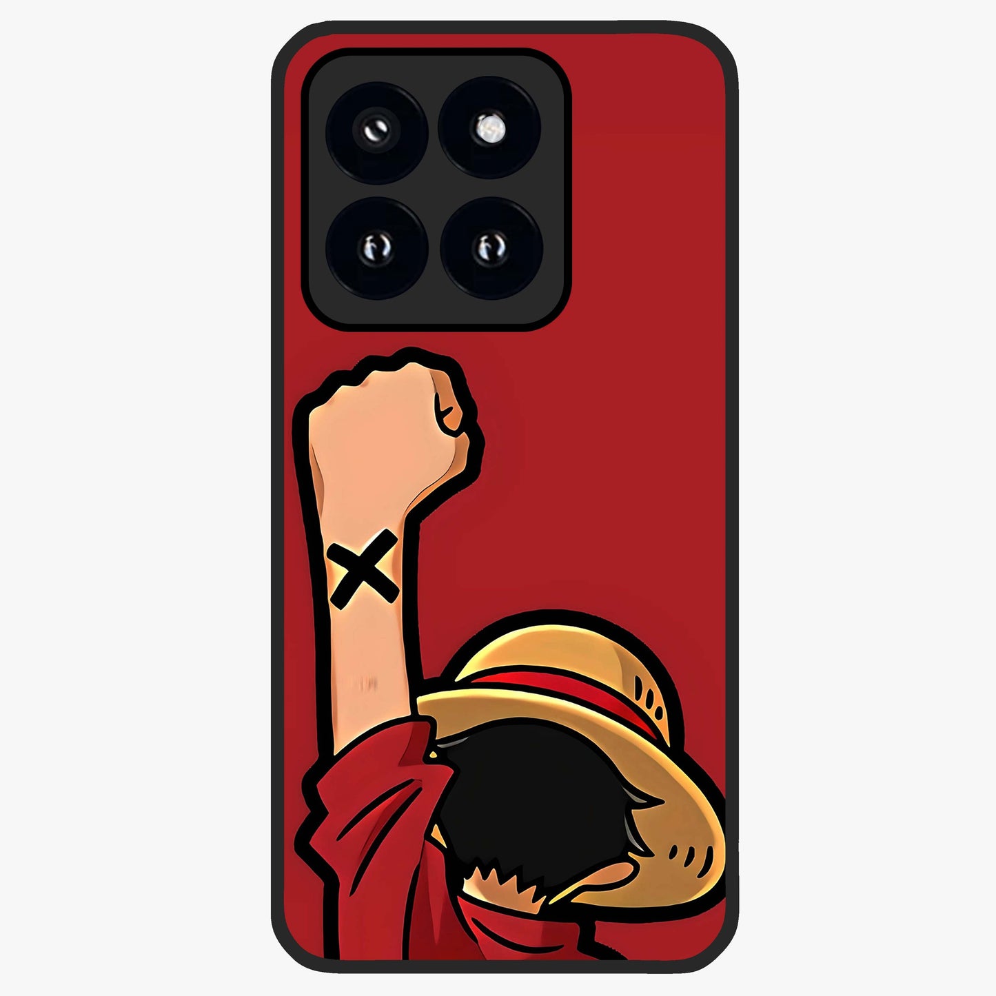 Luffy X Spirit Glass Case showing flat back view with bold anime character artwork and glossy glass finish.