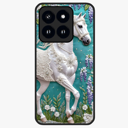 Majestic Floral Stallion Glass Case showing flat back view with powerful horse and floral artwork and glossy glass finish.