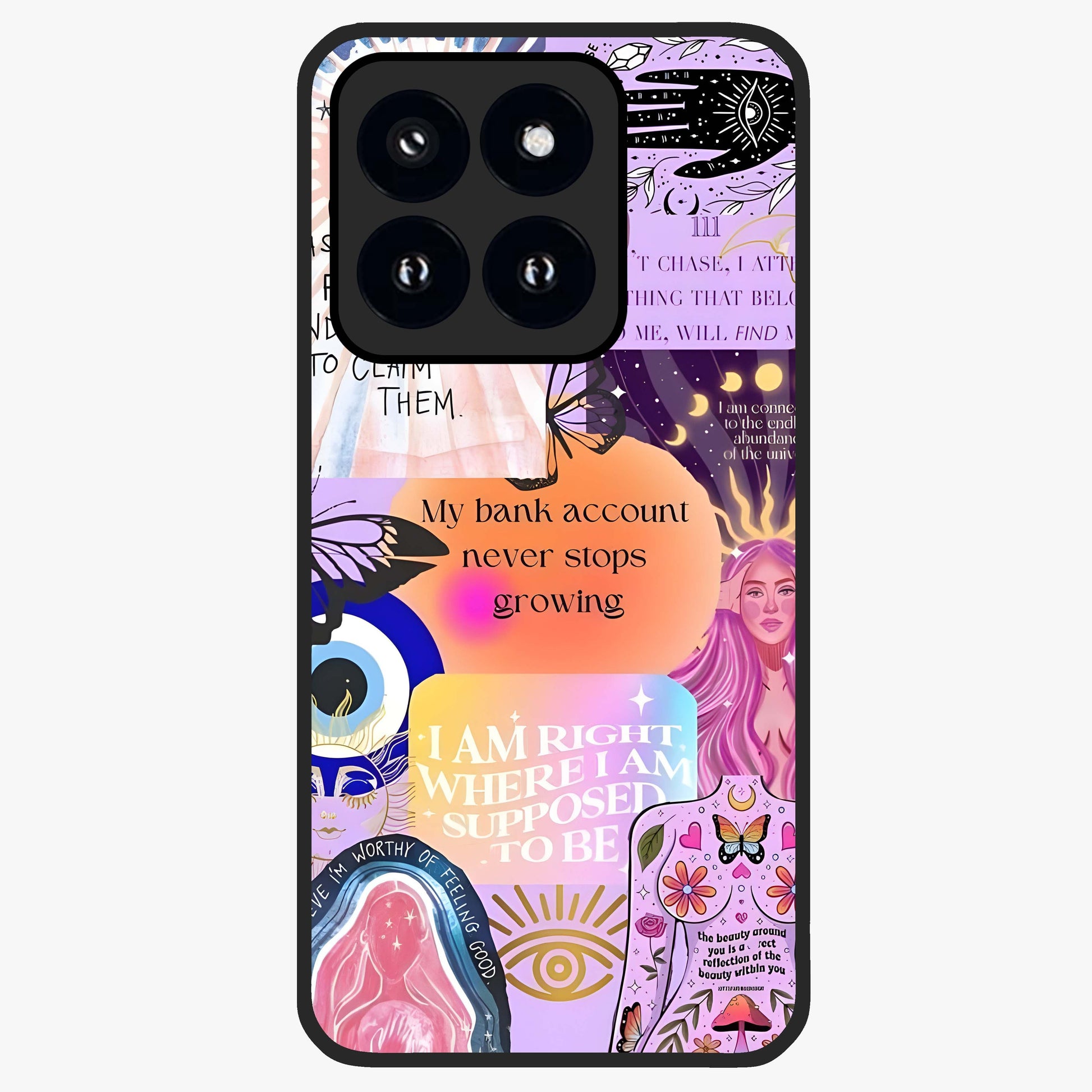 Manifestation Collage Glass Case showing flat back view with motivational collage artwork and glossy glass finish.