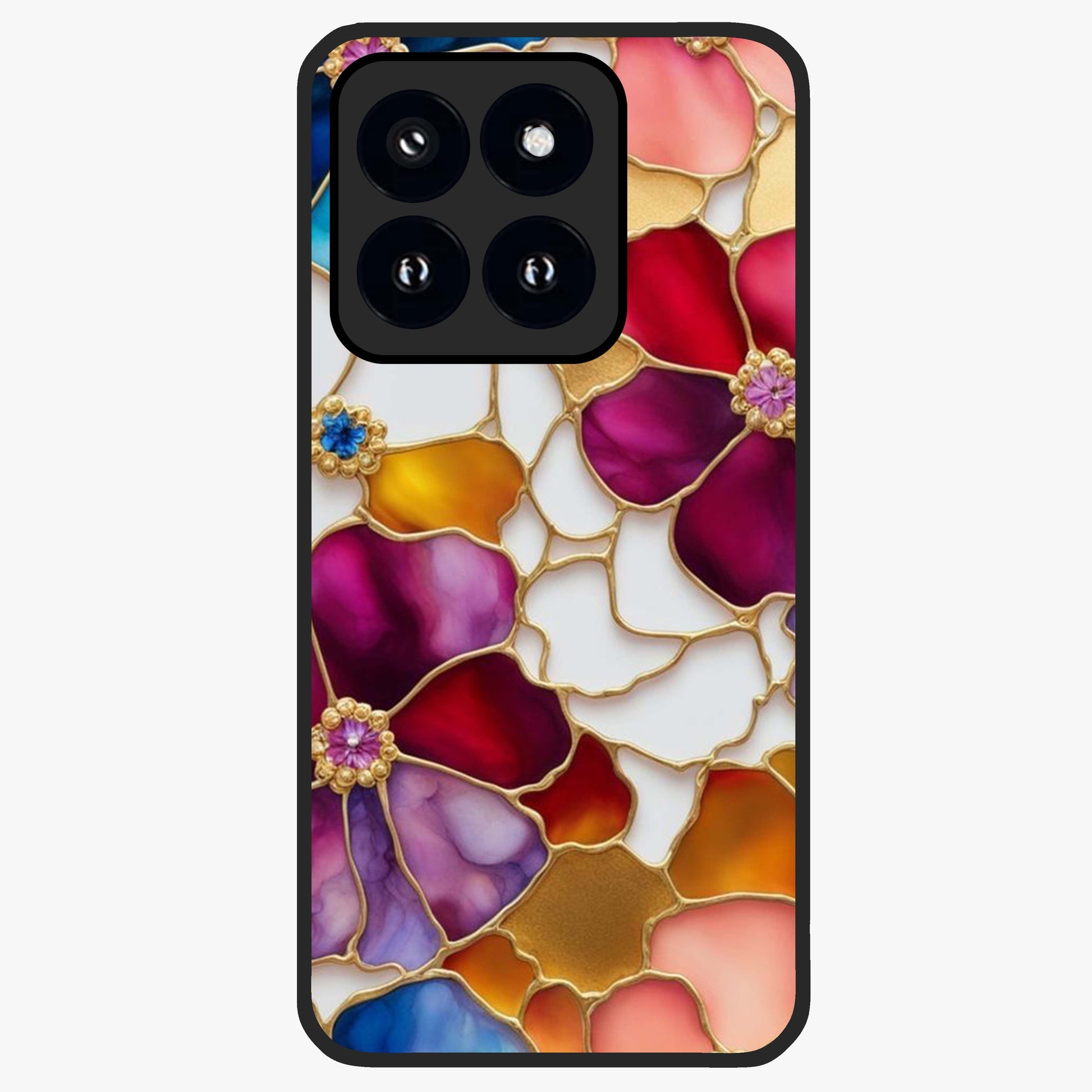Marble Flower Pattern Glass Case showing flat back view with marble texture floral artwork and glossy glass finish.