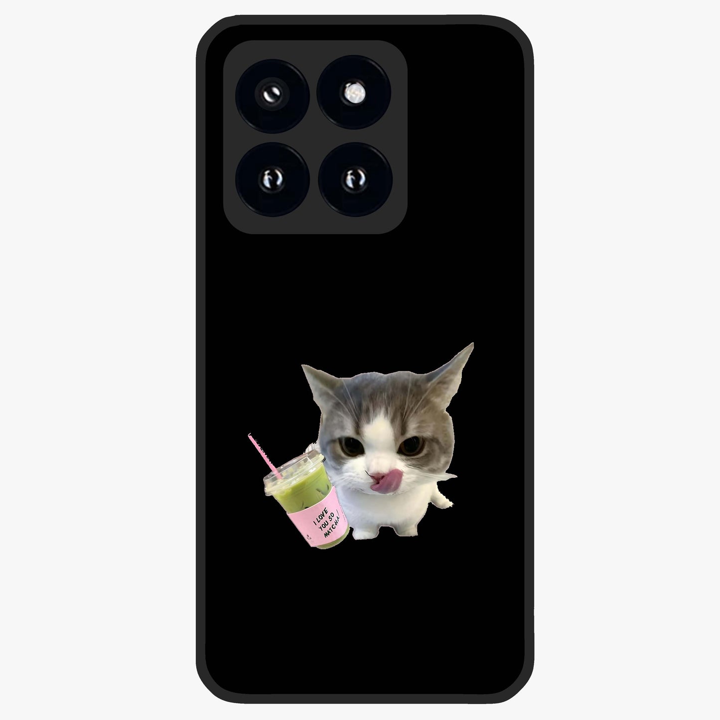 Matcha Cat Style Glass Case showing flat back view with cute matcha themed cat artwork and glossy glass finish.