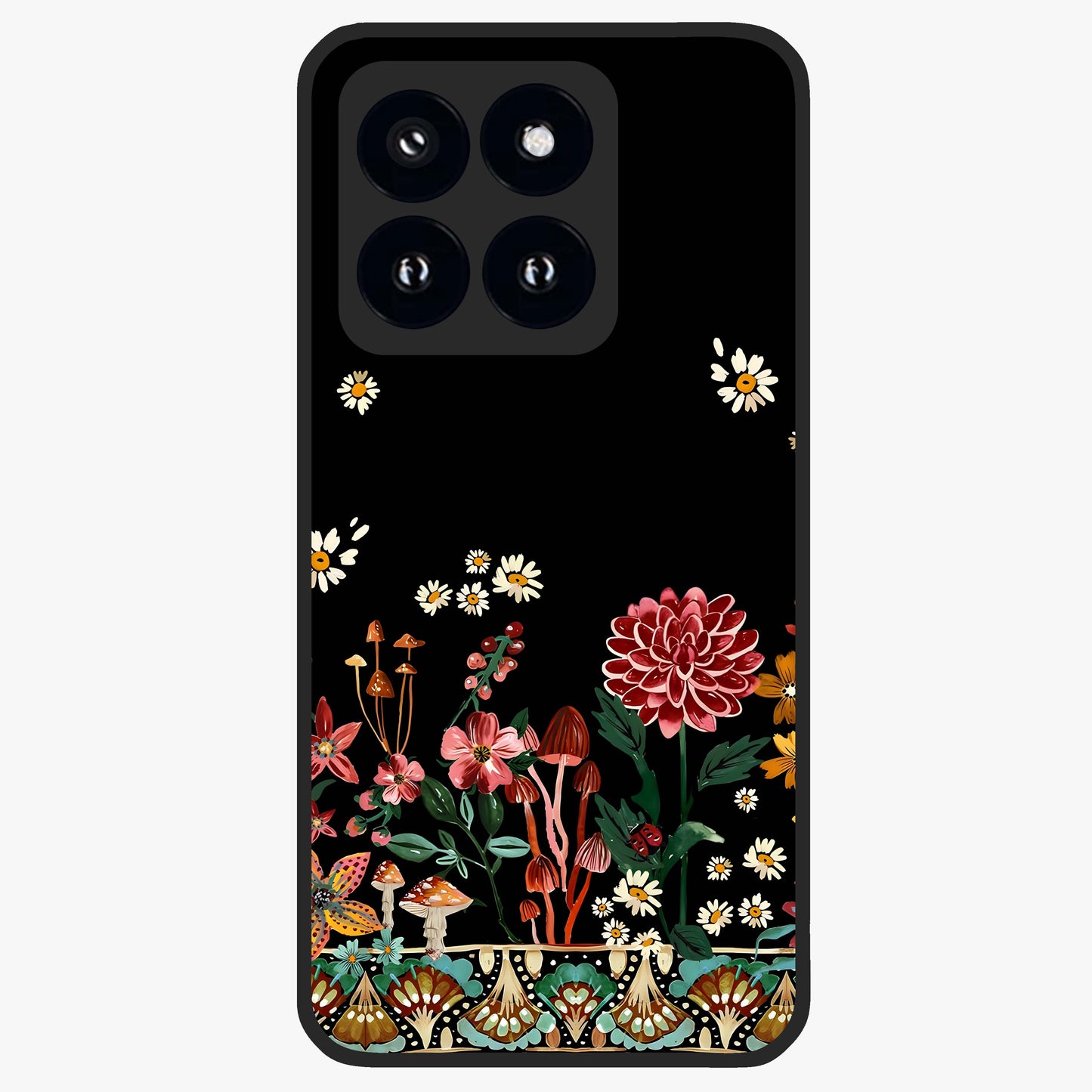 Midnight Bloom Pattern Glass Case showing flat back view with dark floral pattern artwork and glossy glass finish.