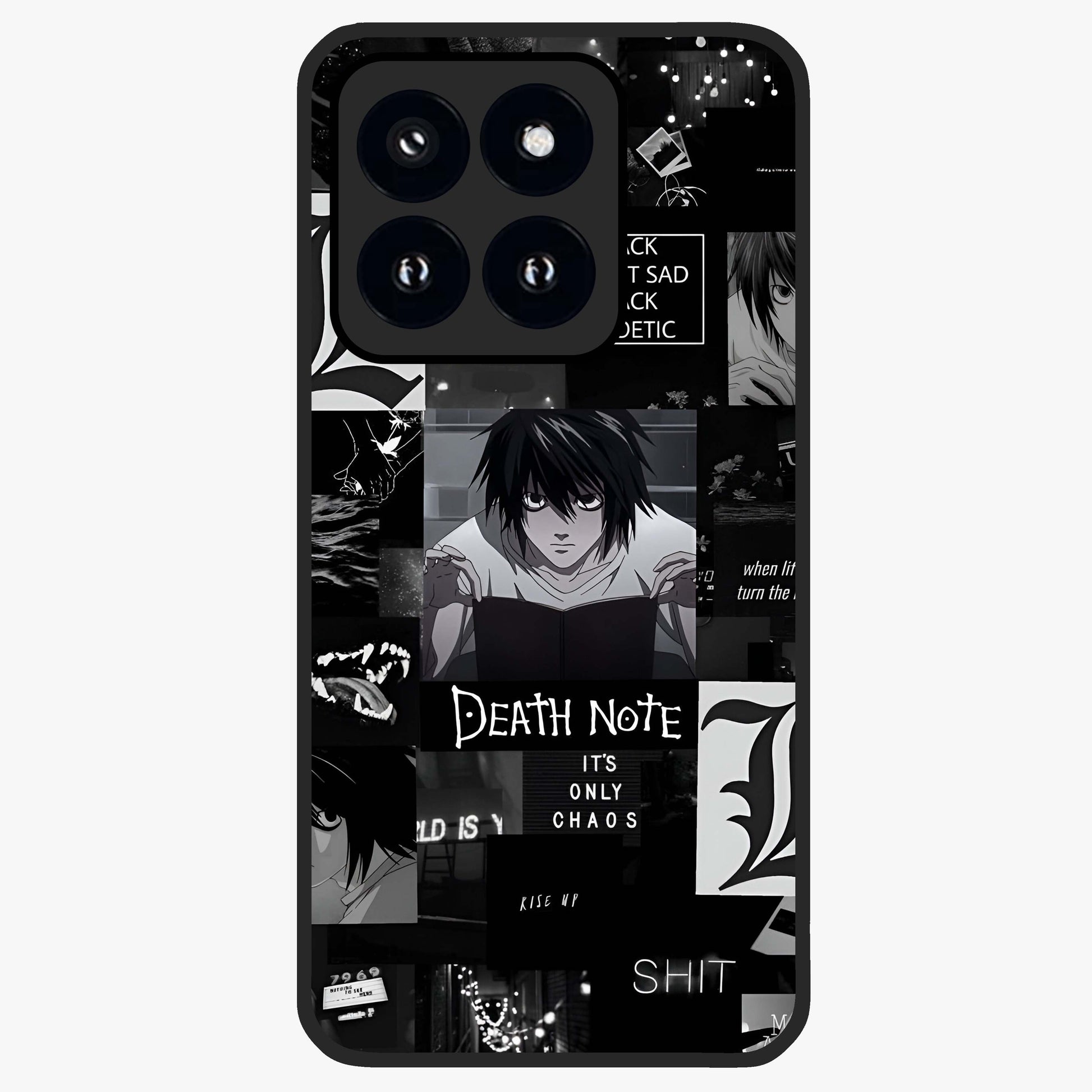 Midnight Chaos Mind Glass Case showing flat back view with abstract dark themed artwork and glossy glass finish.