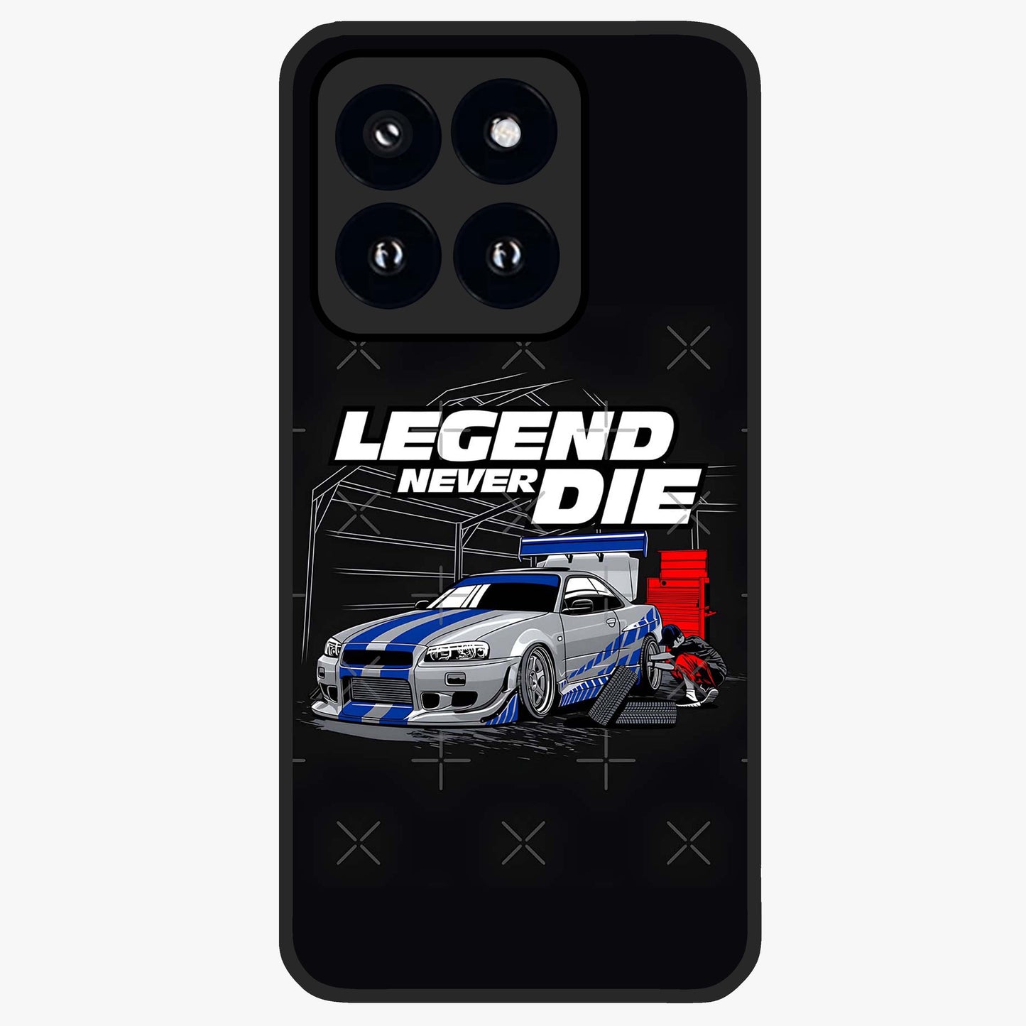 Midnight Racing Legacy Glass Case showing flat back view with sleek racing inspired artwork and glossy glass finish.