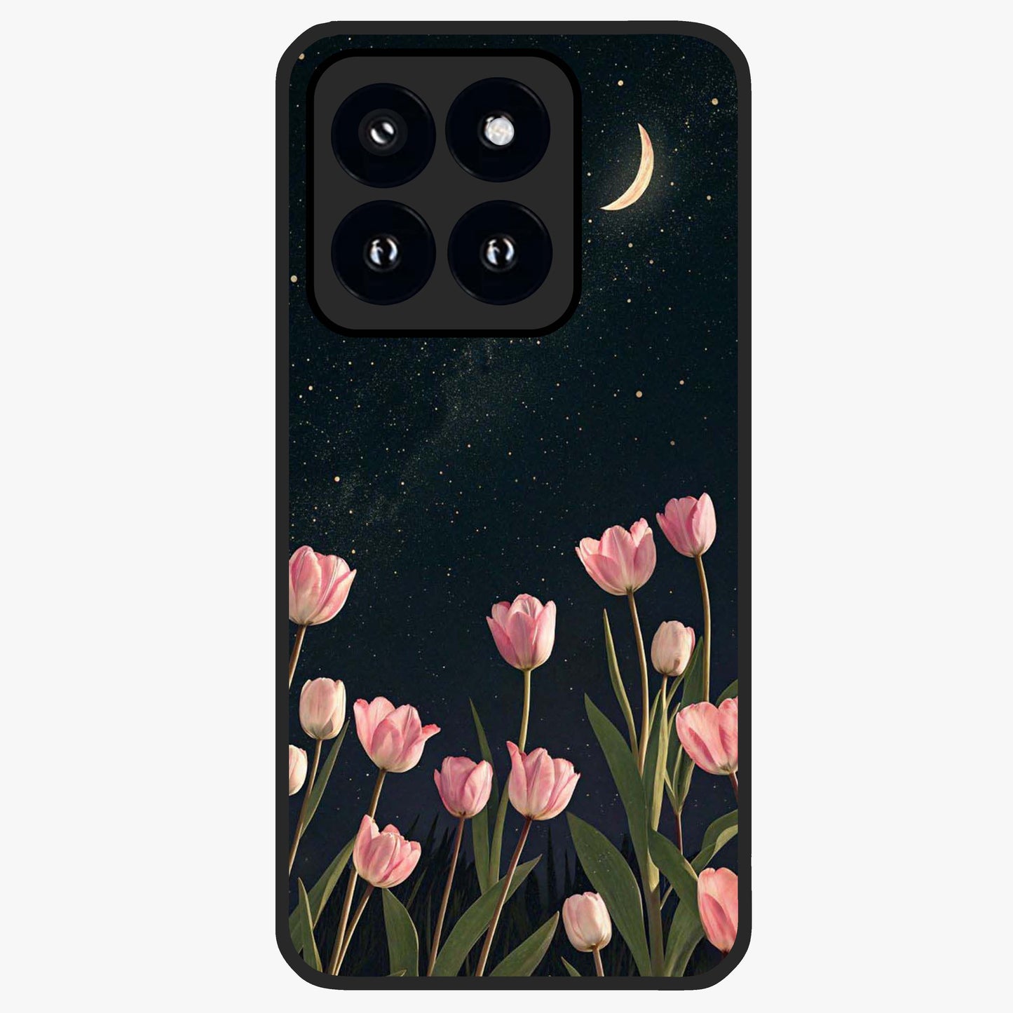 Midnight Tulip Whispers Vibe Glass Case showing flat back view with elegant tulip flower artwork and glossy glass finish.