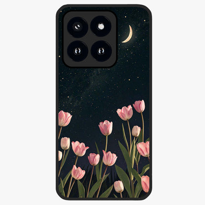 Midnight Tulip Whispers Vibe Glass Case showing flat back view with elegant tulip flower artwork and glossy glass finish.