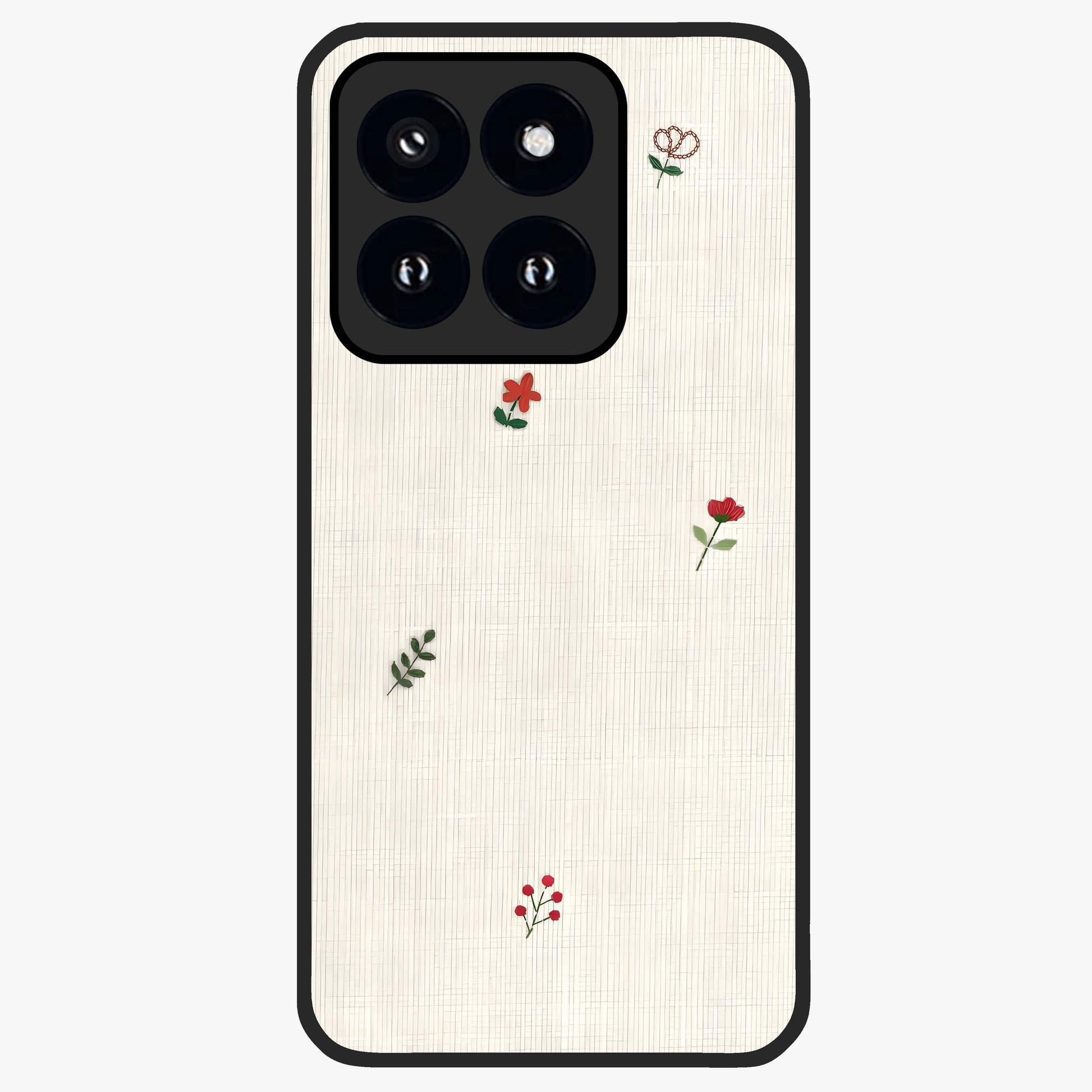 Minimal Petal Whispers Glass Case showing flat back view with soft minimal floral artwork and glossy glass finish.