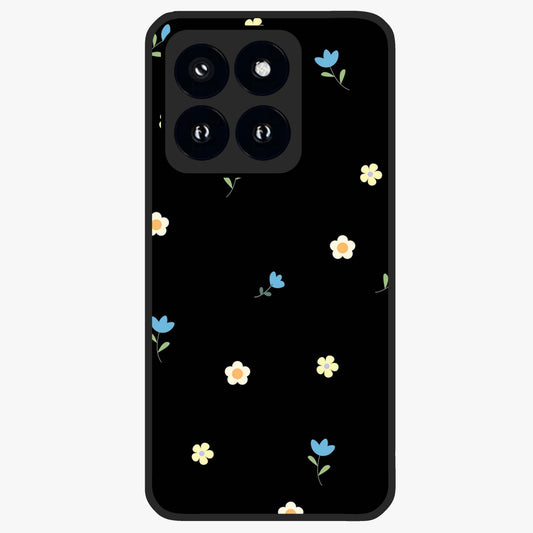 Minimalistic Blue With White Flower Pattern Glass Case showing flat back view with blue background and white flower pattern and glossy glass finish.