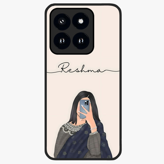 Mirror Mood Muse With Custom Name Glass Case showing flat back view with stylish mirrored artwork and personalized name design.