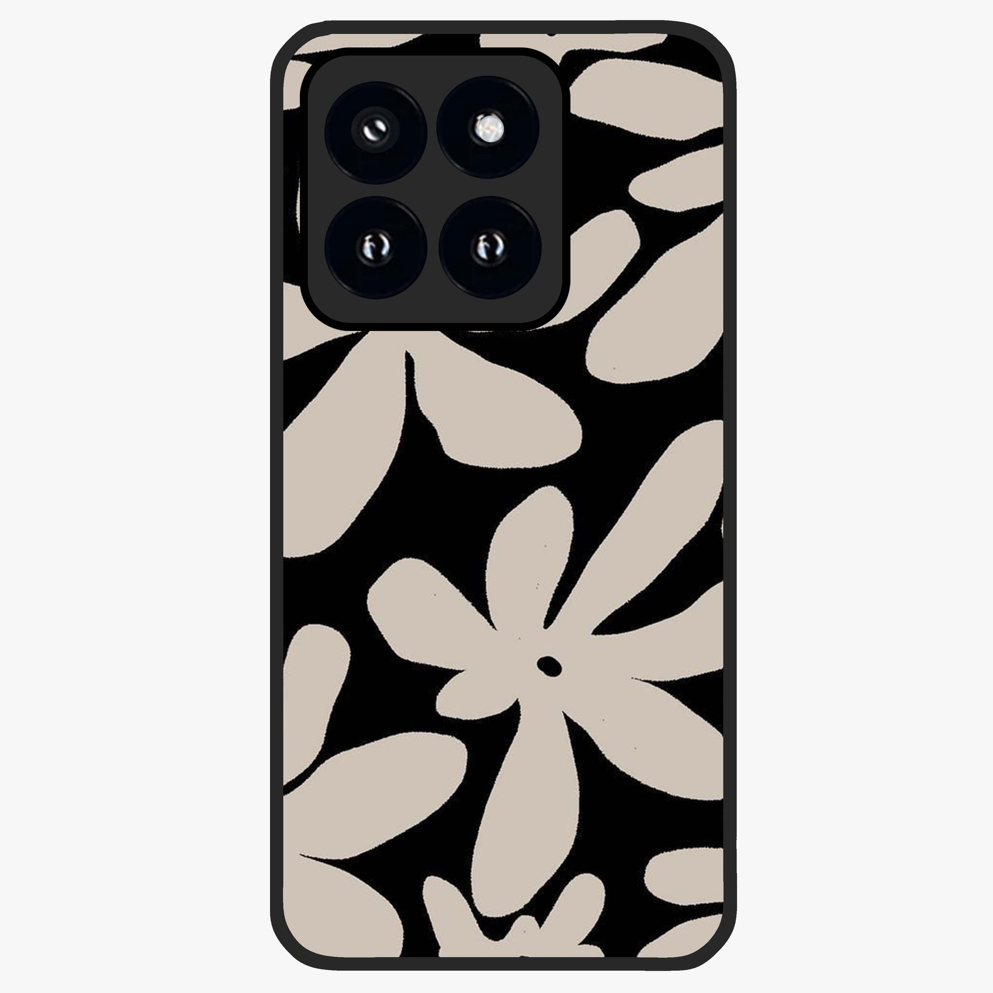 Monochrome Petal Dance Glass Case showing flat back view with monochrome floral artwork and glossy glass finish.