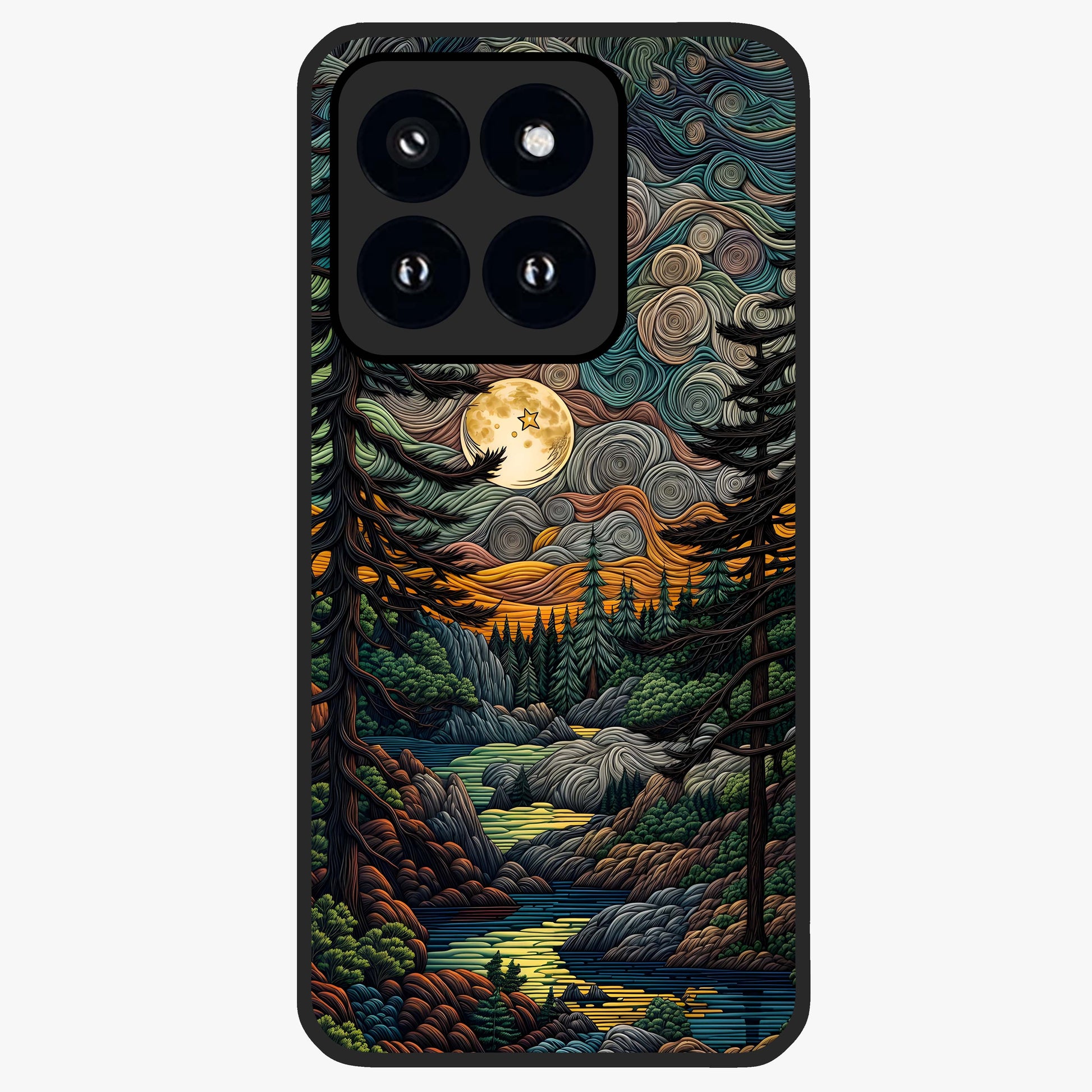 Moonlight Forest Dream Glass Case showing flat back view with mystical forest moonlight artwork and glossy glass finish.