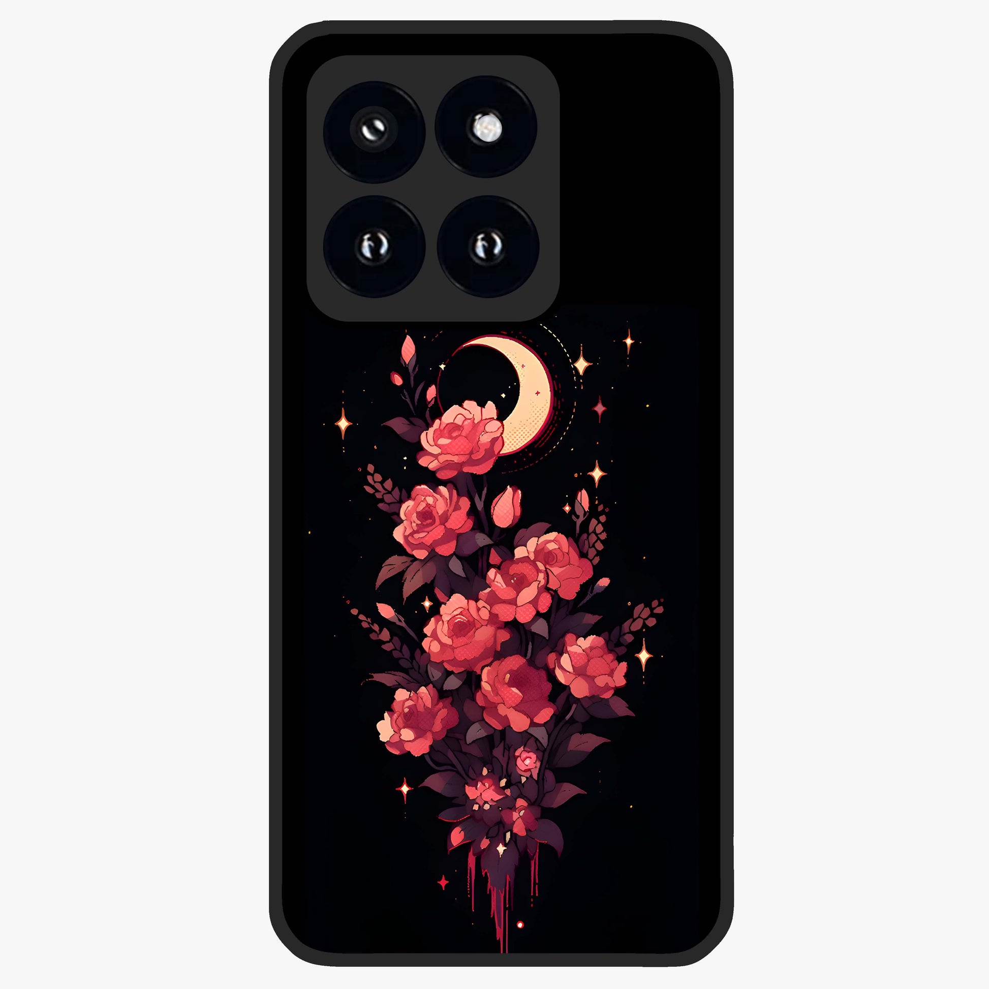 Moonlit Floral Elegance Glass Case showing flat back view with elegant floral artwork under moonlit tones and glossy glass finish.