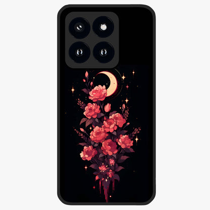 Moonlit Floral Elegance Glass Case showing flat back view with elegant floral artwork under moonlit tones and glossy glass finish.
