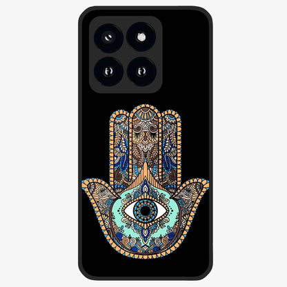 Mystic Hamsa Eye Glass Case showing flat back view with protective hamsa hand and evil eye artwork and glossy glass finish.