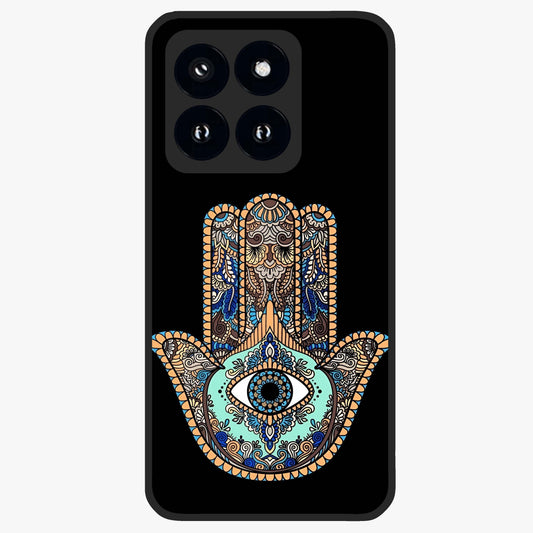Mystic Hamsa Eye Glass Case showing flat back view with protective hamsa hand and evil eye artwork and glossy glass finish.