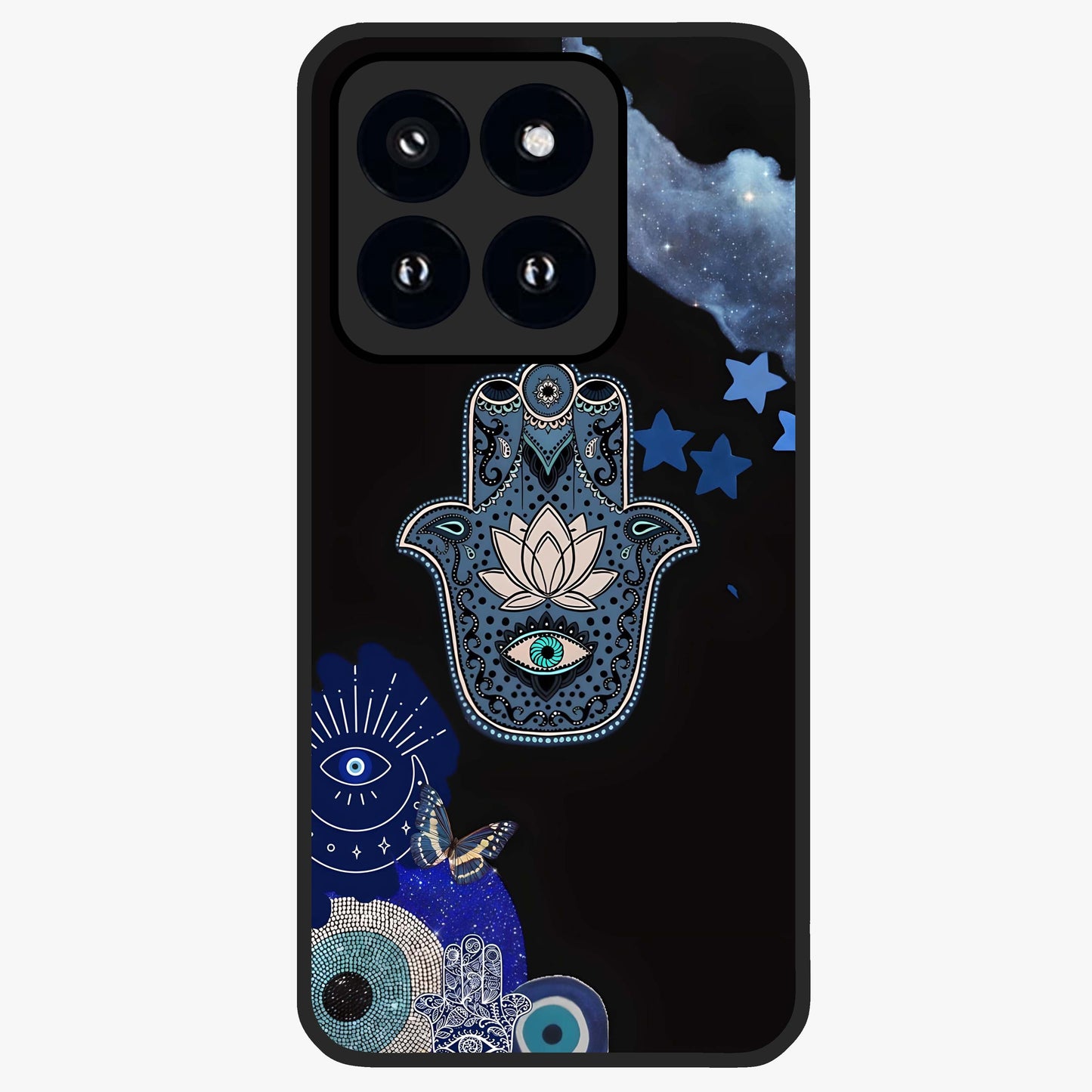 Mystic Hand Aura Glass Case showing flat back view with mystical hand symbol artwork and glossy glass finish.