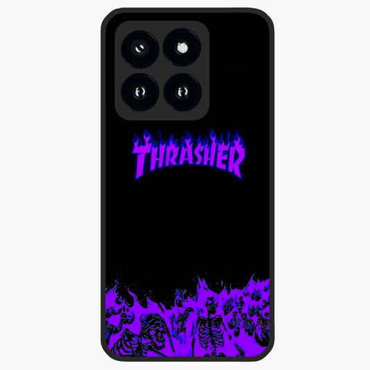 Neon Flame Riot Glass Case showing flat back view with neon flame artwork and glossy glass finish.
