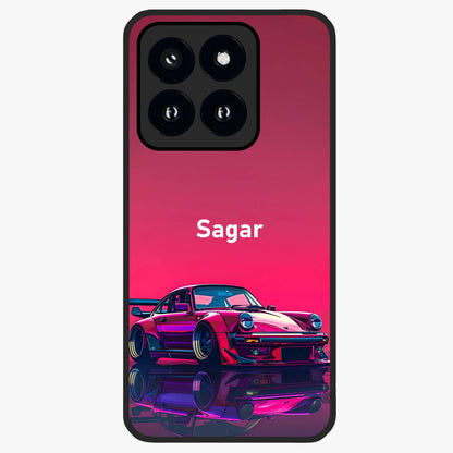 Neon Pink Porsche Glass Case showing flat back view with stylish sports car artwork and glossy glass finish.