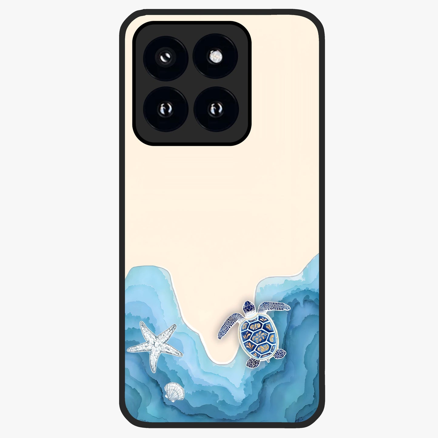 Ocean Drift Turtle Glass Case showing flat back view with sea turtle artwork and glossy glass finish.