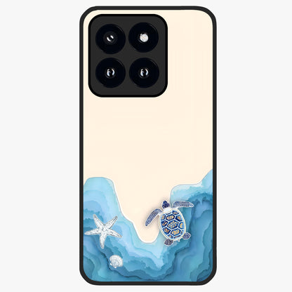 Ocean Drift Turtle Glass Case showing flat back view with sea turtle artwork and glossy glass finish.
