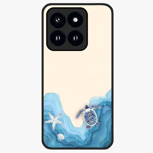 Ocean Drift Turtle Glass Case showing flat back view with sea turtle artwork and glossy glass finish.