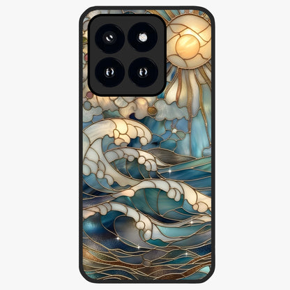 Oceanic Stained Printed Glass Case showing flat back view with ocean inspired stained pattern artwork and glossy glass finish.