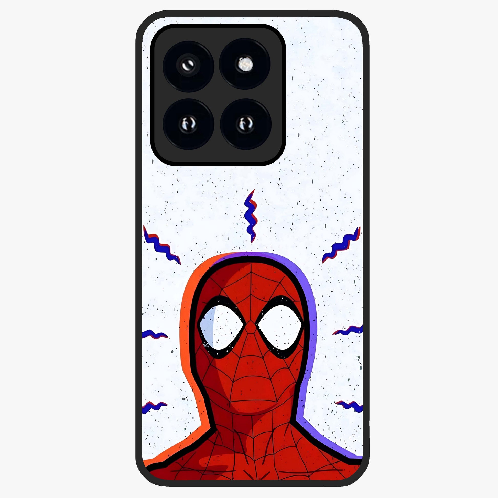 Omg Spiderman Glass Case showing flat back view with bold superhero inspired artwork and glossy glass finish.