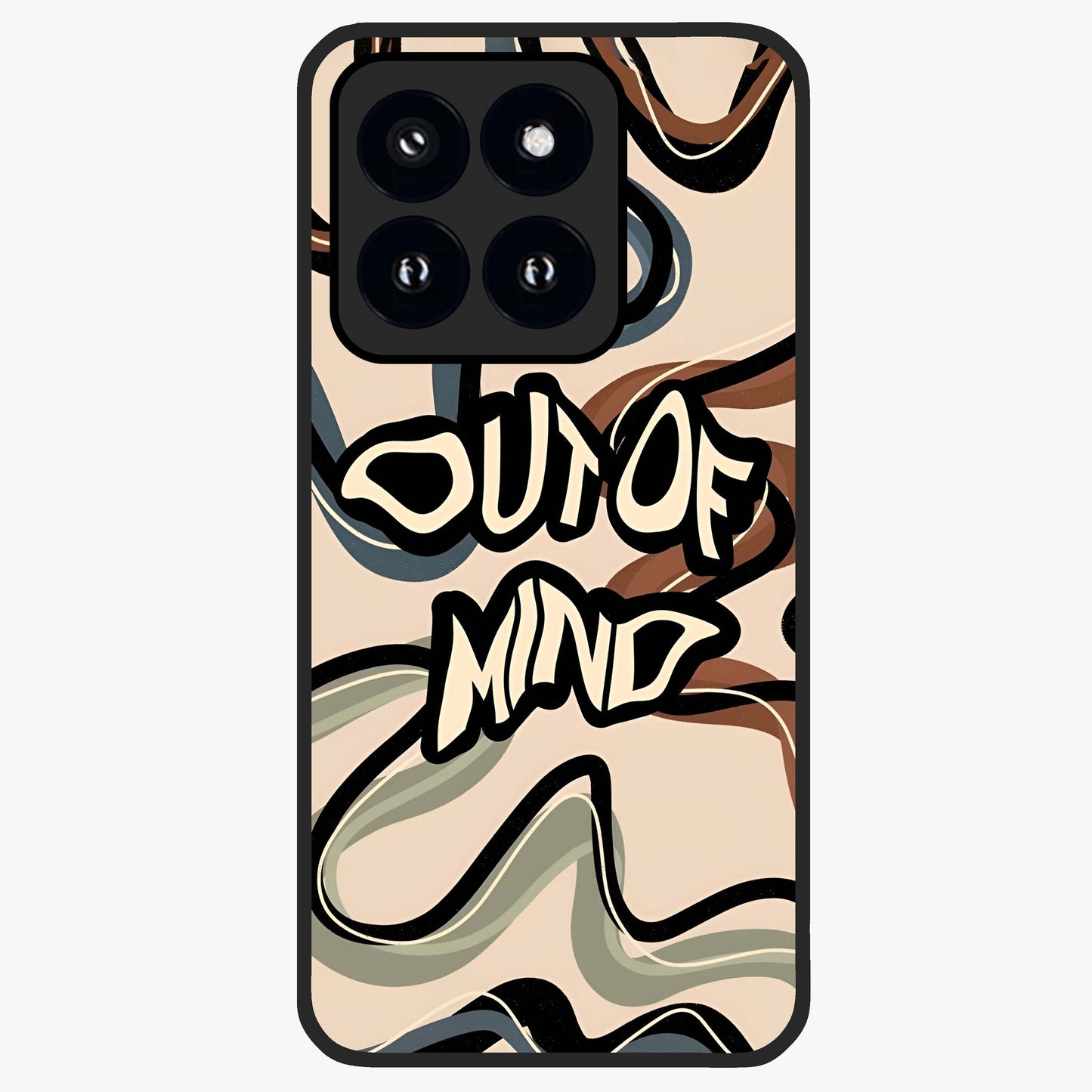 Out Of Mind Glass Case showing flat back view with expressive typography artwork and glossy glass finish.