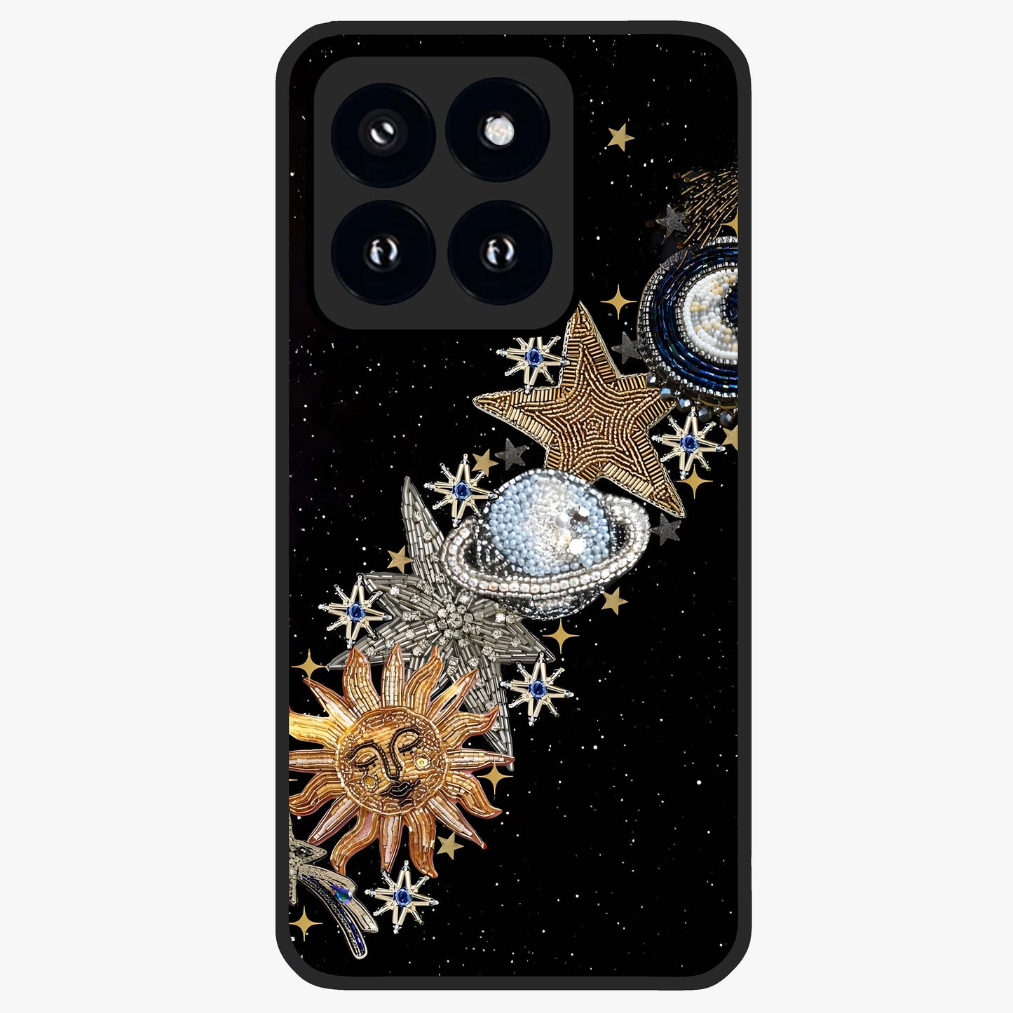 Pearls Universe Object Glass Case showing flat back view with pearl inspired cosmic artwork and glossy glass finish.