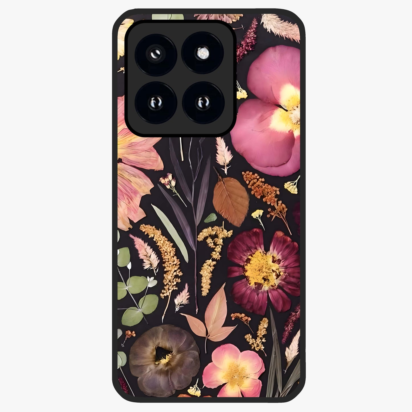 Petal Dream Tapestry Glass Case showing flat back view with intricate floral tapestry artwork and glossy glass finish.