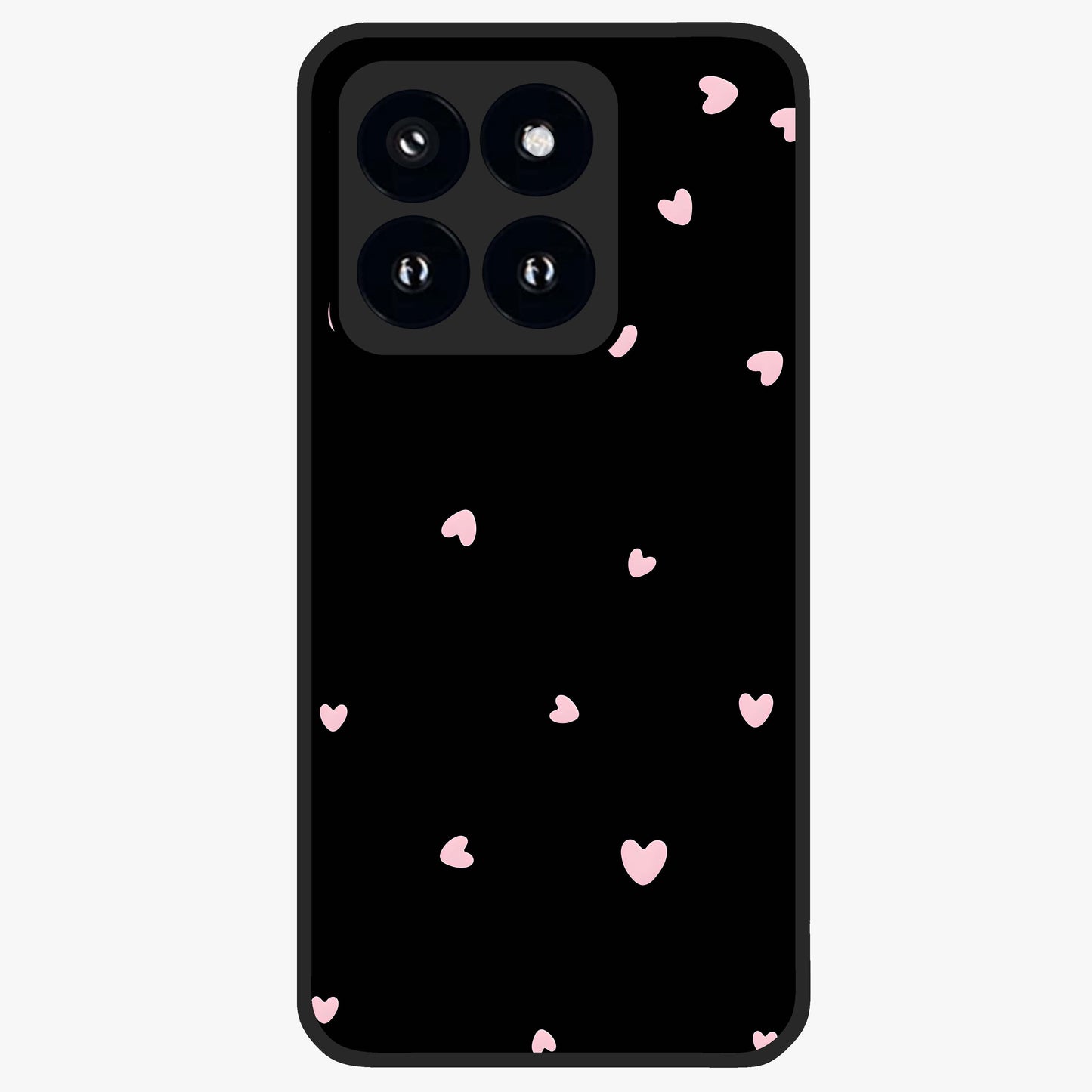 Pink Love Drops Glass Case showing flat back view with playful pink heart drops artwork and glossy glass finish.