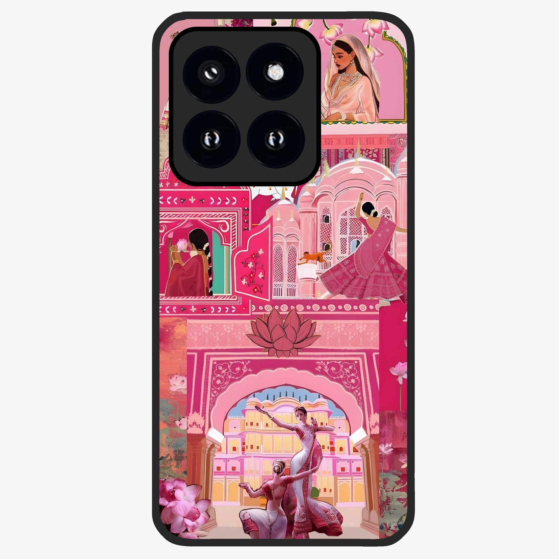 Pink Palace Muse Glass Case showing flat back view with elegant palace inspired artwork and glossy glass finish.